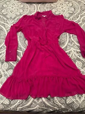 Bar III Fuchsia Sheer Long Sleeve Mini Dress | Ruffle Hem